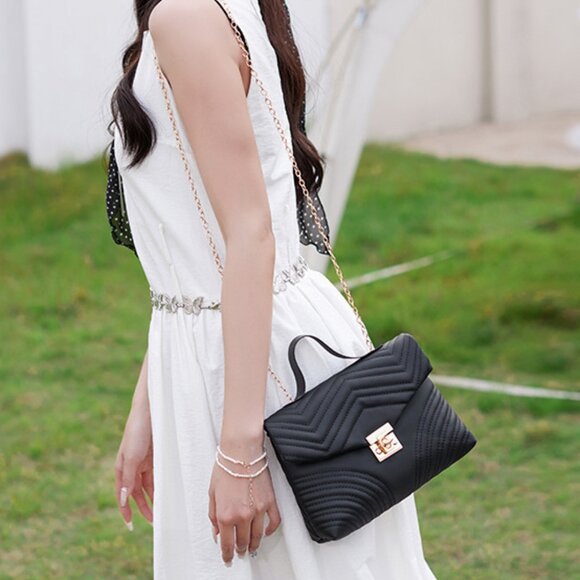 2/$30 Black Quilted Crossbody PU Leather Bag Gold Chain Strap & Top Handle Purse - Picture 4 of 6